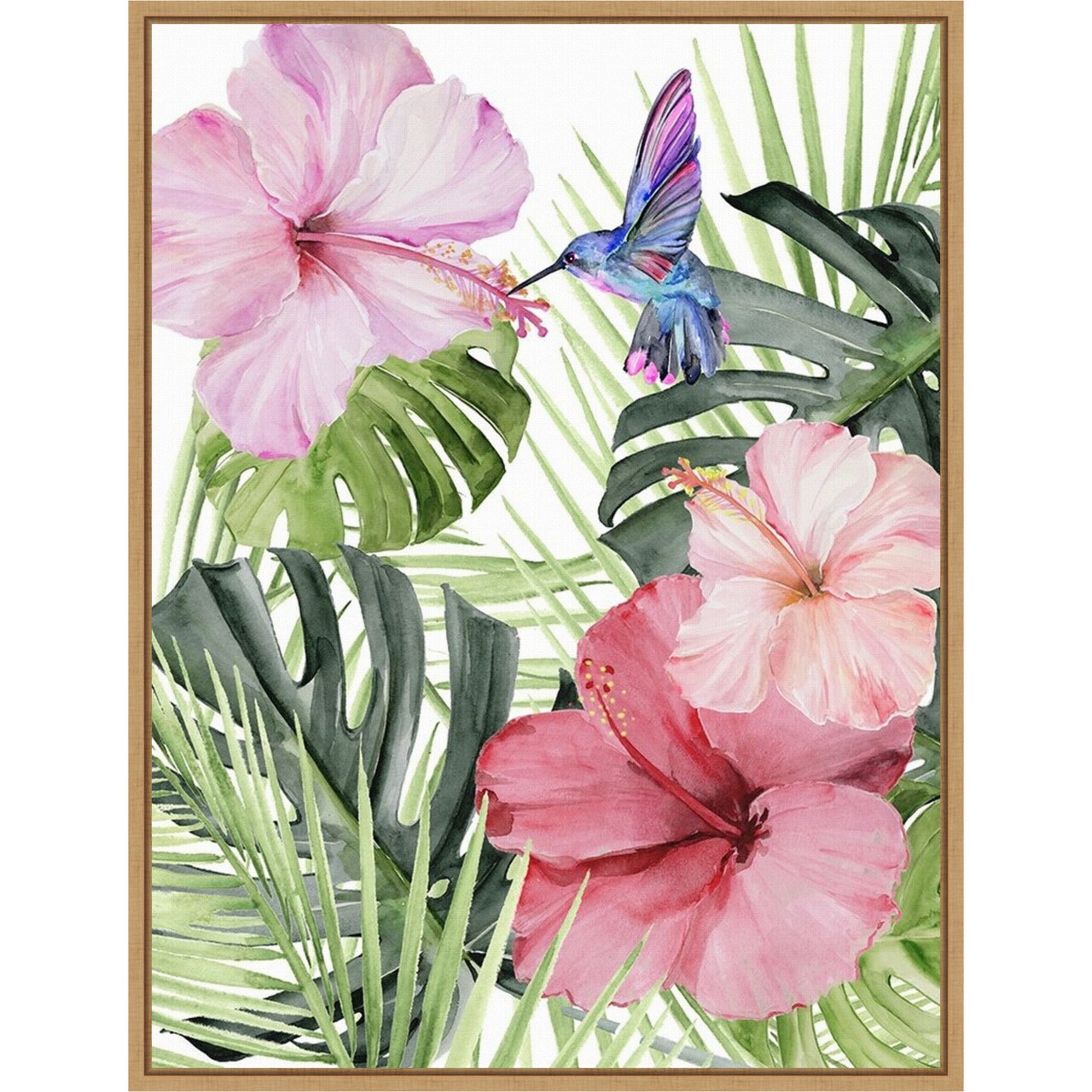 Hibiscus and Hummingbird I by Paxton Parker 18-in. W x 24-in. H. Canvas Wall Art Print Framed in Natural